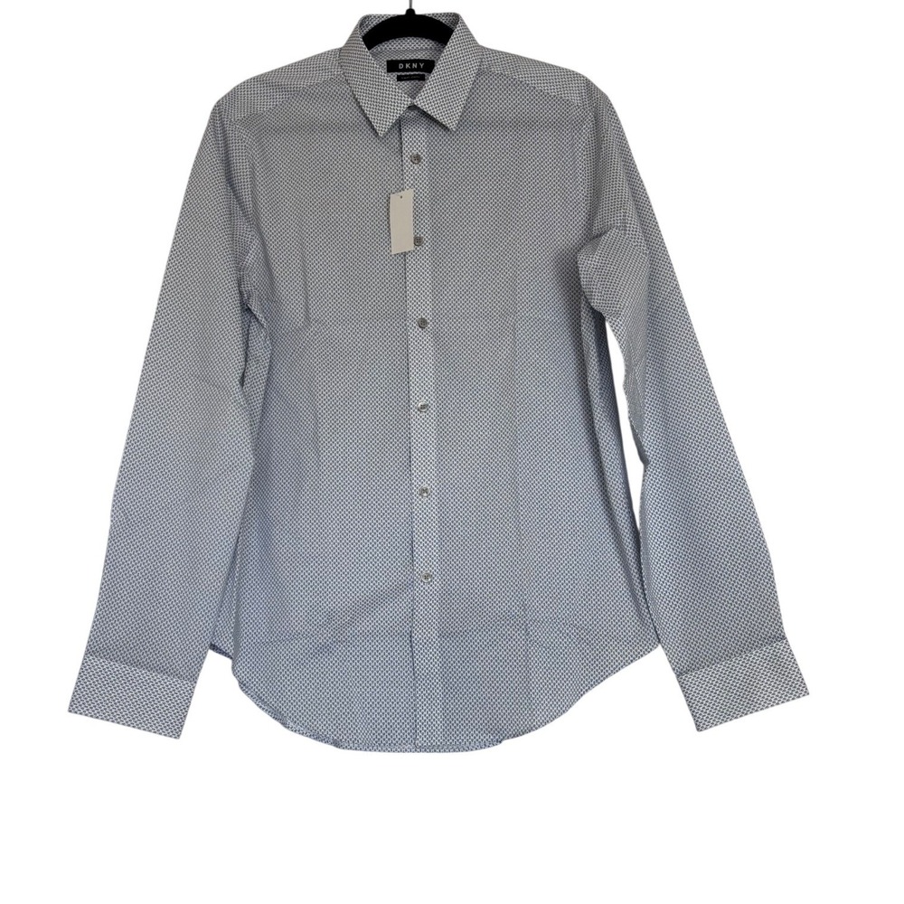 DKNY Mens Slim Fit Stretch Dress Shirt Mineral Blue Geometric 15-15.5 34/35 M
